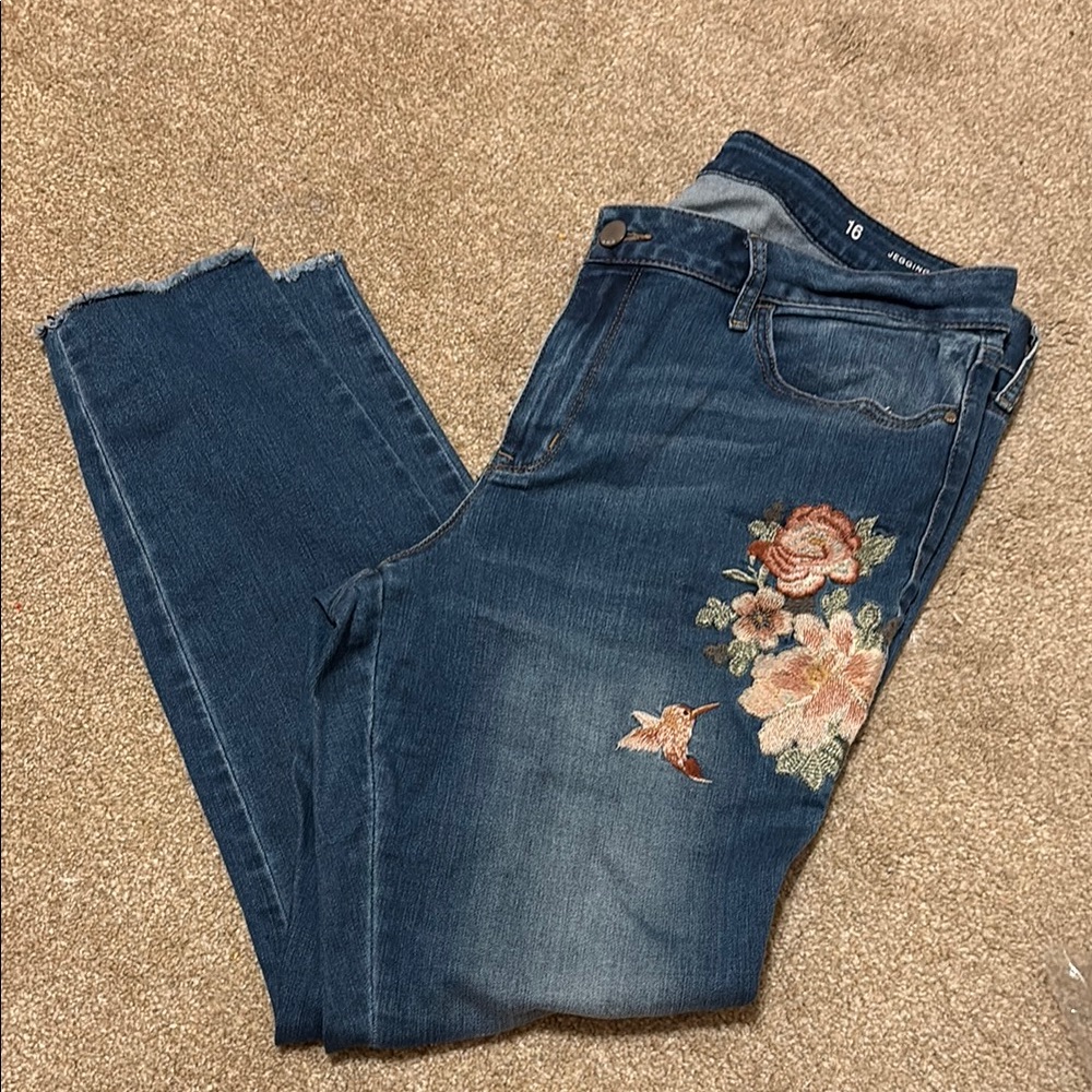 a.n.a Blue Skinny Jeans with Floral Embroidery